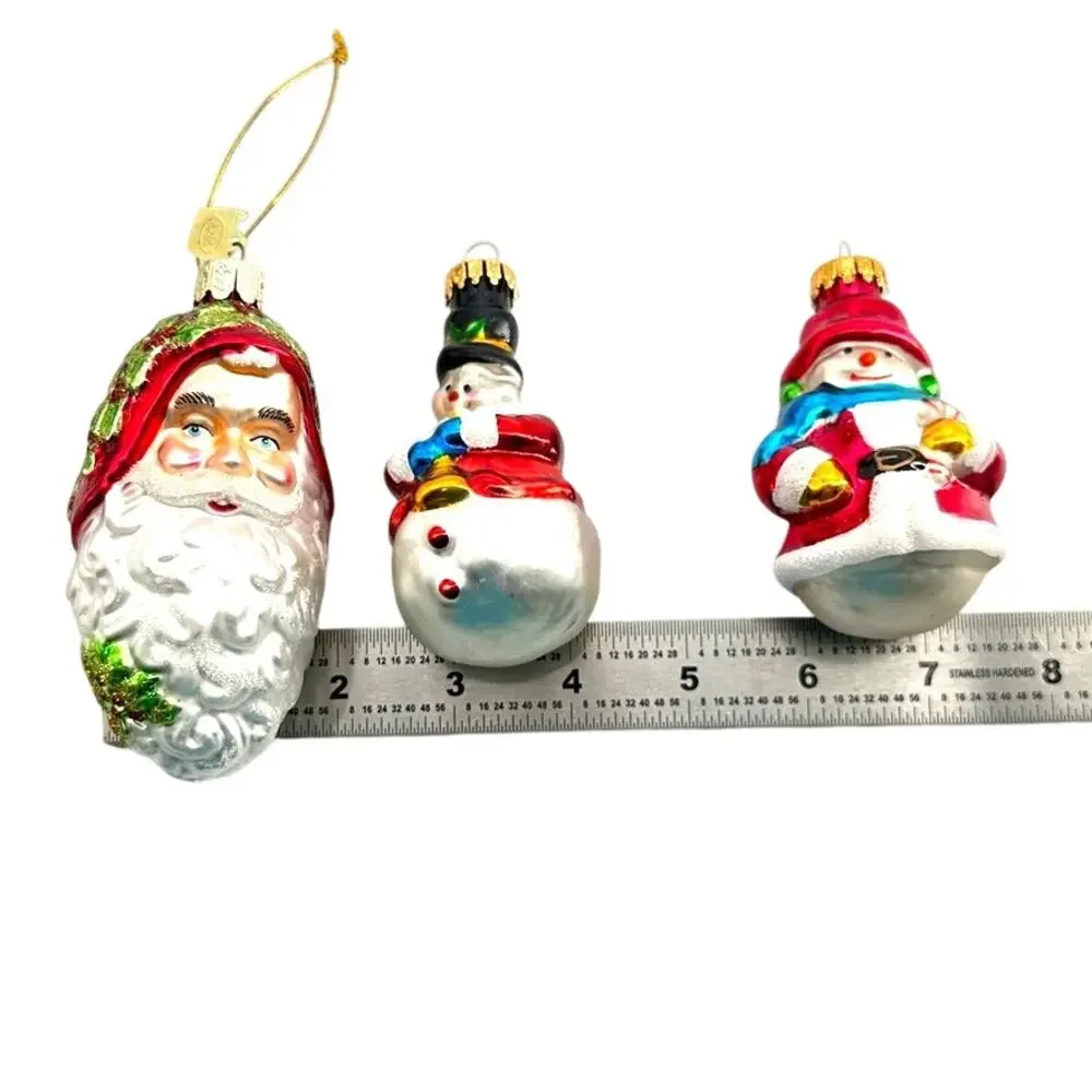 2 Snowman Glass Ornaments & 1 Kurt S Adler Santa Christmas Ornament Lot